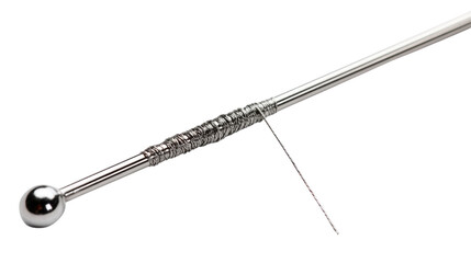 Sewing needle with thread partially inserted isolated on white background 