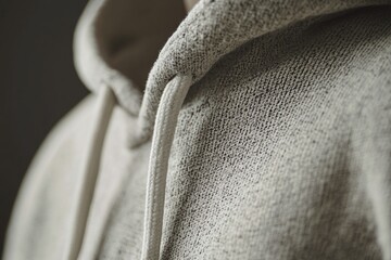 Close-up of a gray hooded sweatshirt showing the hood and drawstring details.