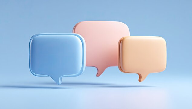 Three pastel-colored speech bubbles, light blue, peach, and beige, levitating on a light blue surface
