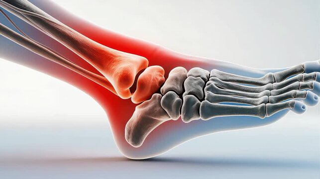 3D medical illustration of ankle pain with inflamed bones and joints. Highlighted red area shows skeletal anatomy used for podiatry, healthcare, injury diagnosis, and orthopedic analysis.