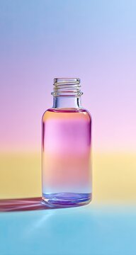 Clear glass bottle with iridescent liquid, vibrant gradient background
