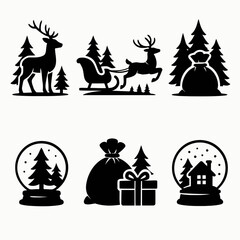 Vector art of collection of christmas icons featuring reindeer, sleigh, gift bag, snow globe, and present, creating a festive and decorative design