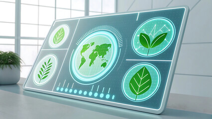 Futuristic digital interface displaying global sustainability and environmental data on a screen
