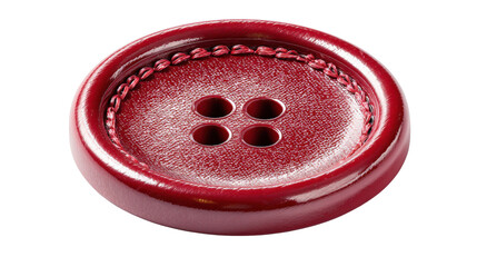 A single red button with stitching detail isolated on white background 