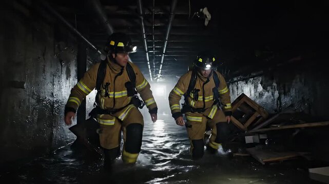 Firefighters navigate flooded dark tunnel with debris.