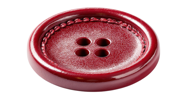 A single red button with stitching detail isolated on white background 