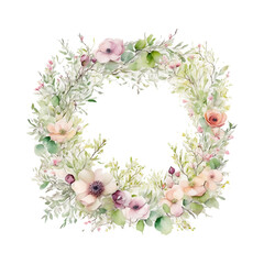 Elegant circular watercolor floral wreath with peonies and wildflowers, hand-painted botanical circle frame with colorful blooming flowers and leaves, vintage garden bouquet illustration