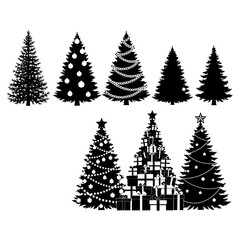 Vector art of collection of christmas tree silhouettes, featuring festive decorations and gift boxes for holiday design elements in vector format