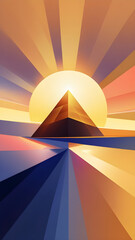 Abstract geometric pyramid silhouette against a vibrant radiating sunset with colorful light rays and a serene horizon line