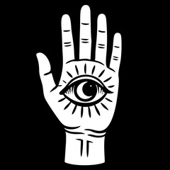 : Black and white vector illustration of a palmistry hand with an eye symbol.