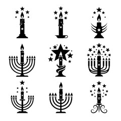 Vector art of collection of hanukkah candle icons, traditional jewish holiday symbols, candle holder with star of david sign