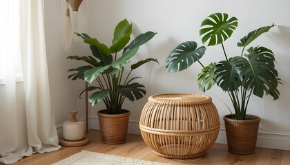 Boho Interior with Rattan Stool and Monstera Plant
