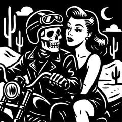 Black and white vector illustration of a skeleton riding a motorcycle with a woman in a desert scene.