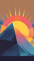 Vibrant geometric sunrise over a stylized mountain peak with colorful rays and clouds in a low poly art style