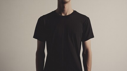 Person wearing a black t-shirt stands against a neutral background in a studio.