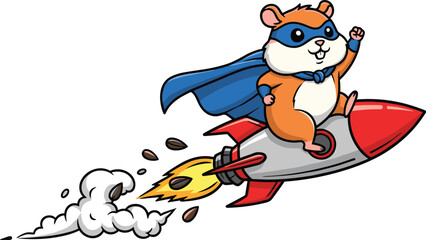Cute cartoon hamster superhero flying on rocket, funny animal character with cape, adorable rodent space hero illustration, comic adventure design