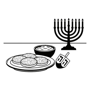 hanukkah food, menorah, dreidel, black and white clip art preview