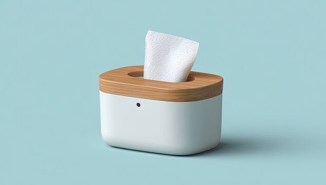 White tissue box with a wooden top, simple design, light blue background