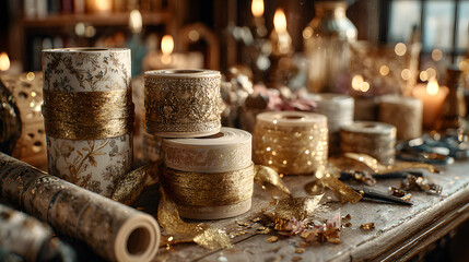 Christmas gift wrapping station elegant paper roll golden ribbons festive wrapping tools scattered warm candlelit workspace cozy creative holiday setup