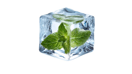 A single crystal-clear ice cube with trapped mint leaves on white background 