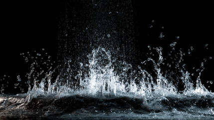 Water splashing on dark surface creating a dramatic effect a shower of droplets falls from above