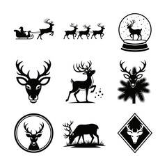 Naklejka premium Vector art of collection of vector icons depicting reindeer and christmas themes, including santas sleigh and snow globe