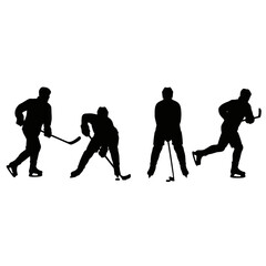 Vector art of four silhouettes of hockey players includes skating, shooting, passing and checking in a hockey game