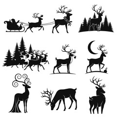Vector art of set of christmas reindeer silhouette vector santa claus riding reindeer sleigh christmas tree and moon with deer