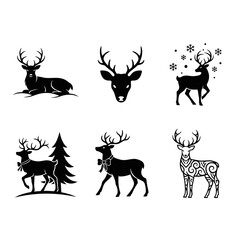Vector art of set of christmas reindeer silhouette vector deer head and tree with snowflake for christmas decoration