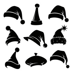 Vector art of silhouette illustrations of various santa claus hats, representing festive headwear and holiday accessories