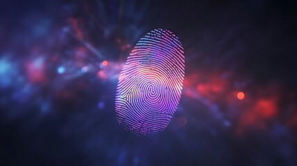 Glowing digital fingerprint in neon colors on futuristic technology background