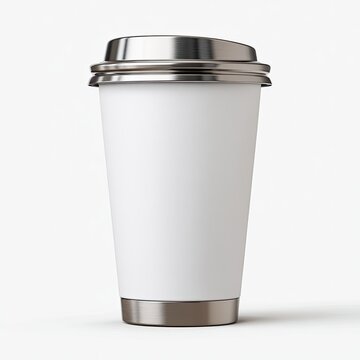 Blank white disposable coffee cup with a metallic lid