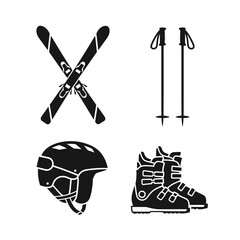 Vector art of silhouette of ski equipment, includes skis, poles, helmet, and boots, representing winter sports gear