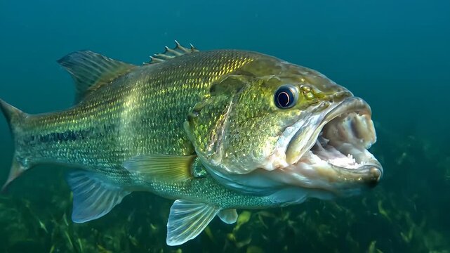 Close up of a largemouth bass moving its mouth open and shut. An emerald toned freshwater hunter seeking food amidst underwater vegetation