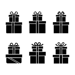 Vector art of set of six black gift boxes stacked with ribbon, perfect for any holiday or special occasion