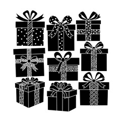 Vector art of collection of nine black gift boxes with different patterns, perfect for any holiday or special occasion