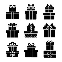 Vector art of set of nine black gift box silhouettes, each adorned with a bow, ideal for holiday and festive designs