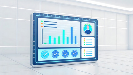 Futuristic digital display screen showing medical data and brain scans in a modern laboratory setting