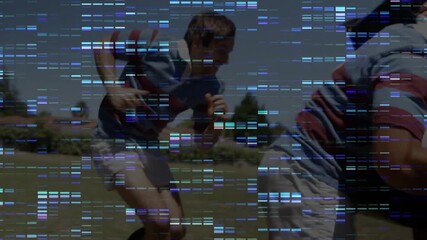 rugby ball carrier sprinting across field, defenders tackling, players forming ruck for possession - Powered by Adobe