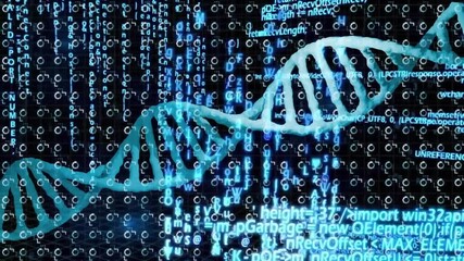 Double helix glowing cyan and rotating rightward when code streams appear, visualizing data - Powered by Adobe