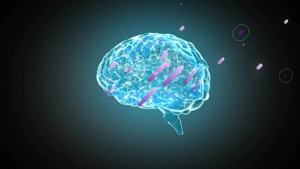 On start 3D brain model floating, magenta bars sweeping then fading, showing pulsing neural network - Powered by Adobe