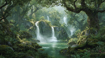 Serene waterfalls cascade down mossy rocks into a tranquil forest pool sunlight filters through lush green trees creating a magical atmosphere