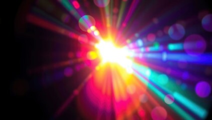 Blurred rainbow refraction overlay effect. Light lens prism effect on black background. Holographic reflection, crystal flare leak shadow overlay. Colorful rainbow disco ball light