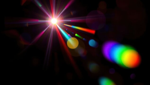 Blurred rainbow refraction overlay effect. Light lens prism effect on black background. Holographic reflection, crystal flare leak shadow overlay. Colorful rainbow disco ball light