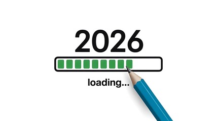2026 Loading Bar Progress with Green Indicator and Blue Pencil on White Background