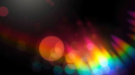 Blurred rainbow refraction overlay effect. Light lens prism effect on black background. Holographic reflection, crystal flare leak shadow overlay. Colorful rainbow disco ball light