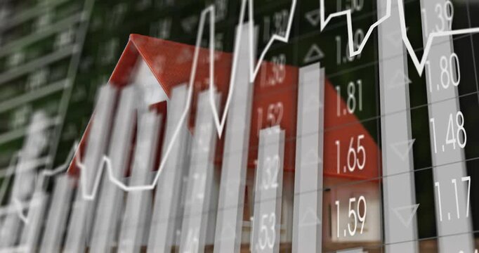 Translucent line graph fading in over model house, bars growing, falling, showing market trends