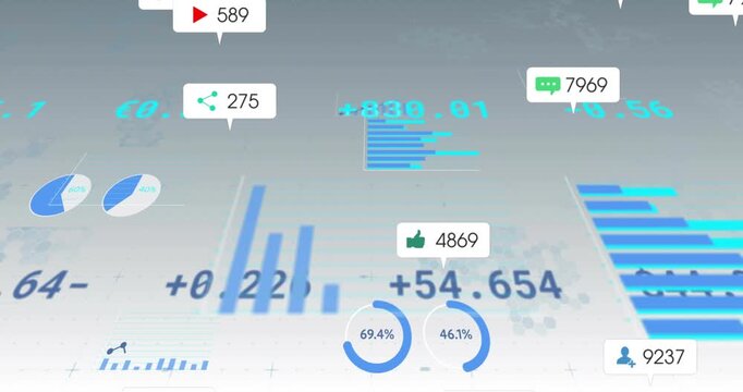 Faint outlines spawning bar chart rising with data, icons floating rings updating showing analytics
