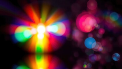 Blurred rainbow refraction overlay effect. Light lens prism effect on black background. Holographic reflection, crystal flare leak shadow overlay. Colorful rainbow disco ball light