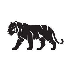 Stylized Black Tiger Silhouette Walking with Geometric Details on White Background
